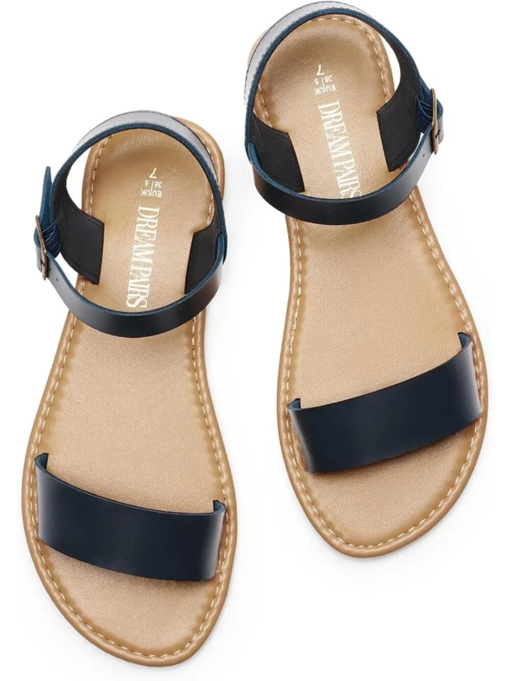 Women's Navy Flat Sandal Open Toe Ankle Strap Faux Leather Non Slip Shoes